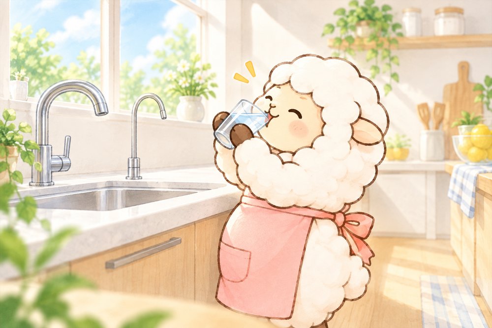 専用の蛇口のお水をごくごく飲むヒツジのナビ助