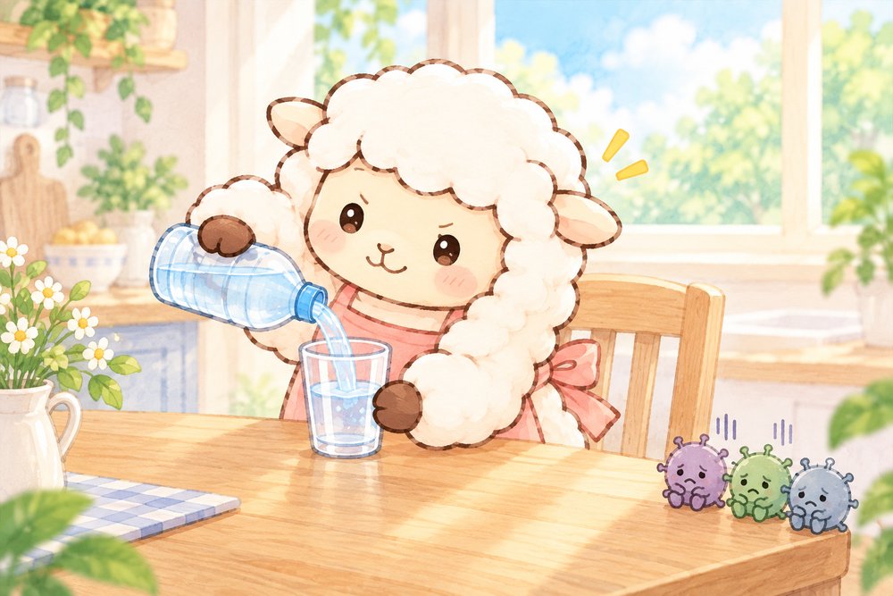 ペットボトルの水をグラスに注いで飲むひつじ