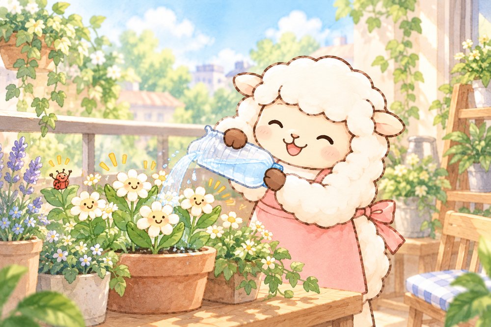 残った水を鉢植えの花に注いで水やりするひつじ