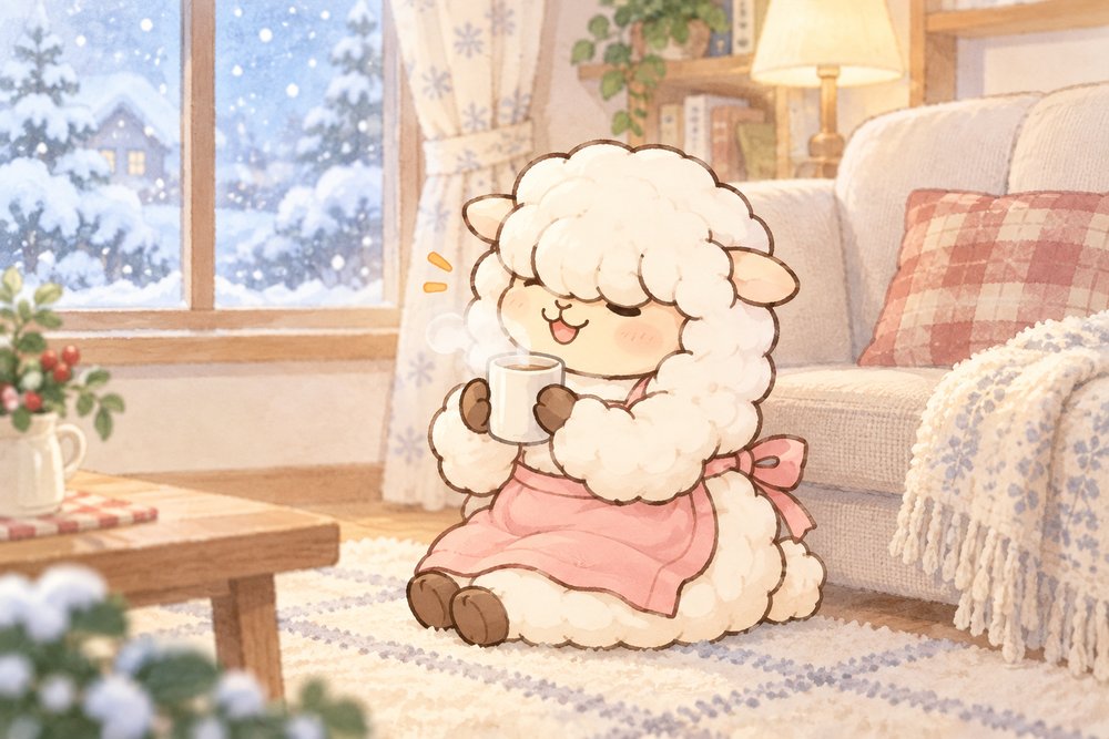 雪の日のリビングで温かい飲み物にほっとするひつじのナビ助