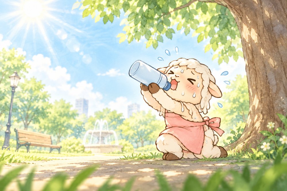 真夏の公園の木陰で水筒の水を飲むひつじのナビ助