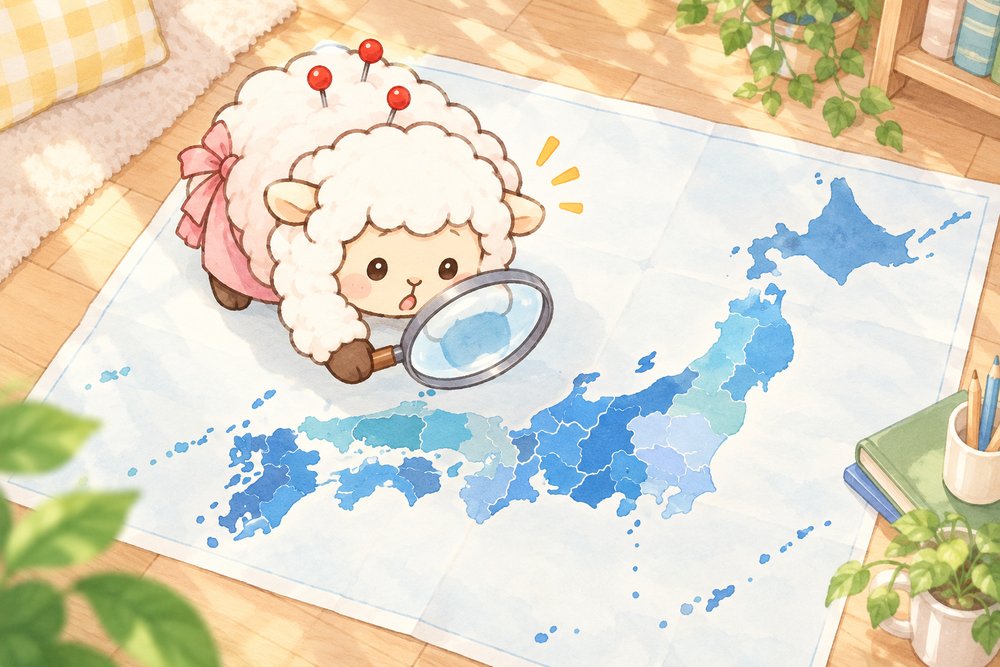 日本地図を虫めがねでのぞきこむひつじのナビ助