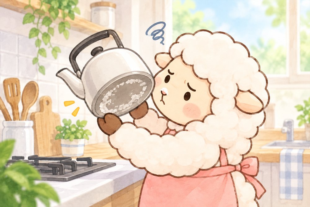 やかんの底の白い水アカに困るひつじのナビ助